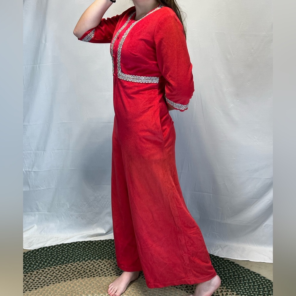 VINTAGE MCM union suit jumpsuit romper‎ wide leg pants red tinsel button front - Picture 3 of 15